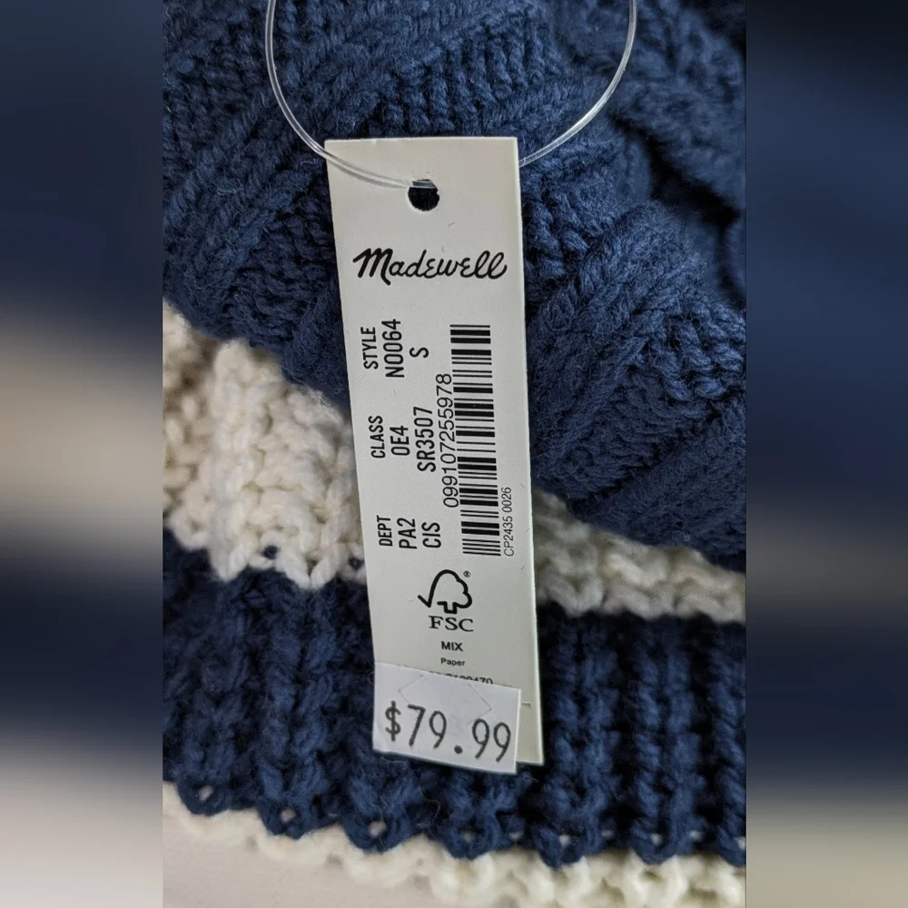 Madewell Wide Rib Turtleneck Crop Sweater New Sz S Oversized Striped Blue Cream - Picture 10 of 13